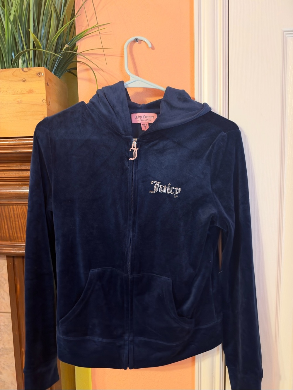 Juicy Couture Navy Velour Zip-Up Hoodie with Rhinestone Logo